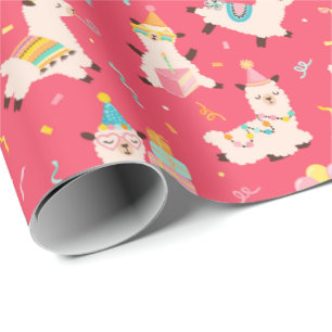Papel De Regalo Animales de Fiesta Cumpleaños de Llama Rosa