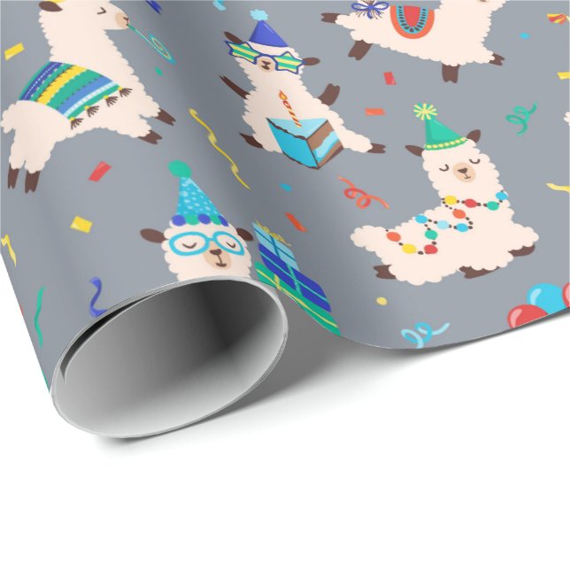 Papel De Regalo Animales de fiesta Llama Cumpleaños Gris (Esquina del rollo)