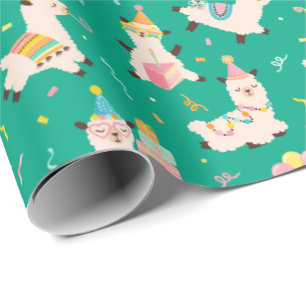 Papel De Regalo Animales de Fiesta Llama Cumpleaños Verde