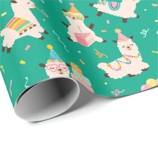 Papel De Regalo Animales de Fiesta Llama Cumpleaños Verde (Esquina del rollo)