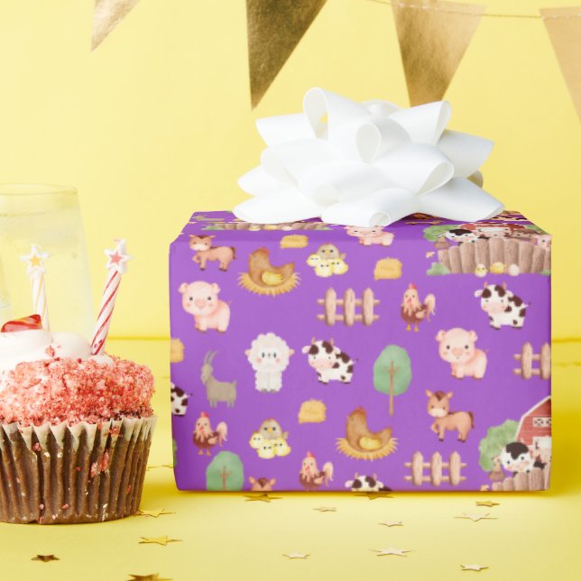 Papel De Regalo Animales de granja en morado (Fiesta de cumpleaños )