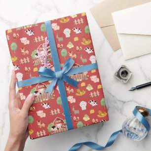 Papel De Regalo Animales de granja en rojo primático