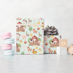 Papel De Regalo Animales de granja en verde pálido