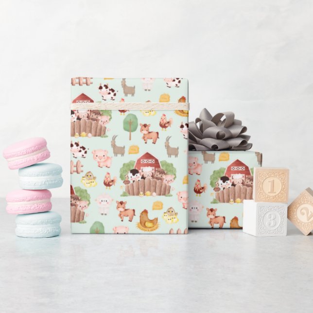 Papel De Regalo Animales de granja en verde pálido (Baby Shower)