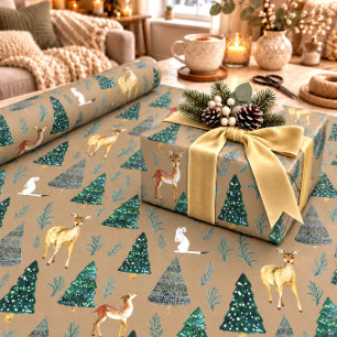Papel De Regalo Animales de invierno de Kraft rústico con árboles 