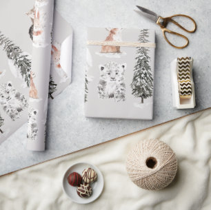 Papel De Regalo Animales de Invierno Gris Baby Shower