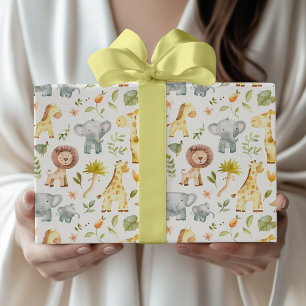 Papel De Regalo Animales de Safari en Acuarela Baby Shower