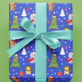 Papel De Regalo Animales de zoológico de Navidad en azul cielo