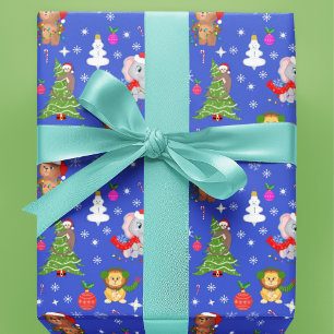 Papel De Regalo Animales de zoológico de Navidad en azul cielo