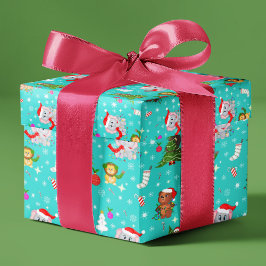 Papel De Regalo Animales de zoológico de Navidad en azul cobalto