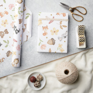 Papel De Regalo Animales del Bosque con Acuarela Blanca