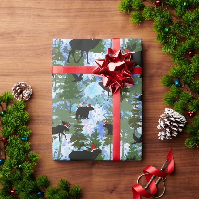 Papel De Regalo Animales del bosque con gorros de Santa (Regalo de vacaciones)