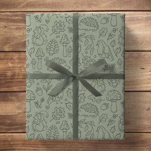 Papel De Regalo Animales del bosque en verde salvia para niños oto