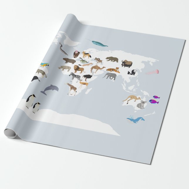 Papel De Regalo Animales del Mapa Mundial de Niños (Desenrollado)