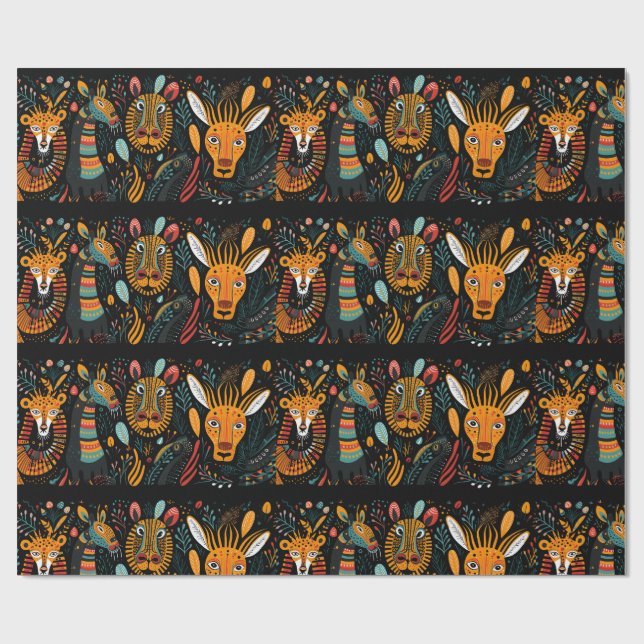 Papel De Regalo Animales estilizados sobre un fondo negro (Superficie plana)
