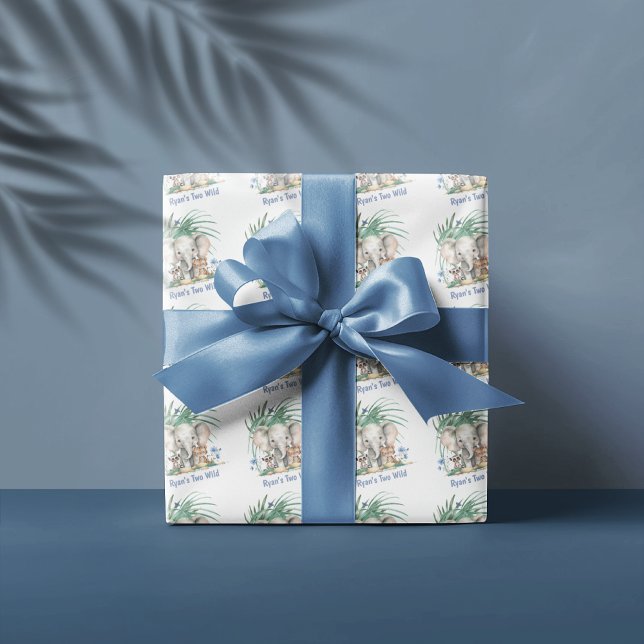Papel De Regalo Animales Fiestas de la jungla de Safari dos cumple (Safari Jungle Watercolor Party Animals Tropical Greenery Birthday Wrapping Paper)