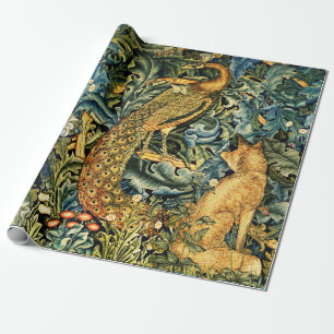 Papel De Regalo ANIMALES FORESTALES, RAVEN, FOX, PEACOCK Blue Gree