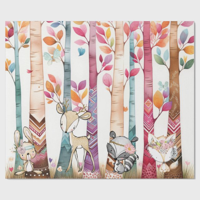 Papel De Regalo Animales forestales tribales encantados (Superficie plana)