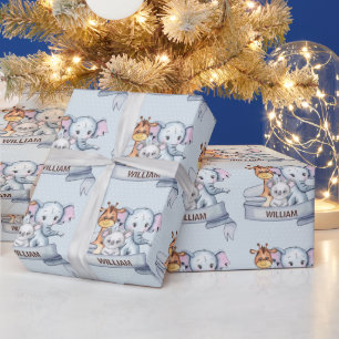 Papel De Regalo Animales Lindo Elefante Jirafa Koala Azul Personal