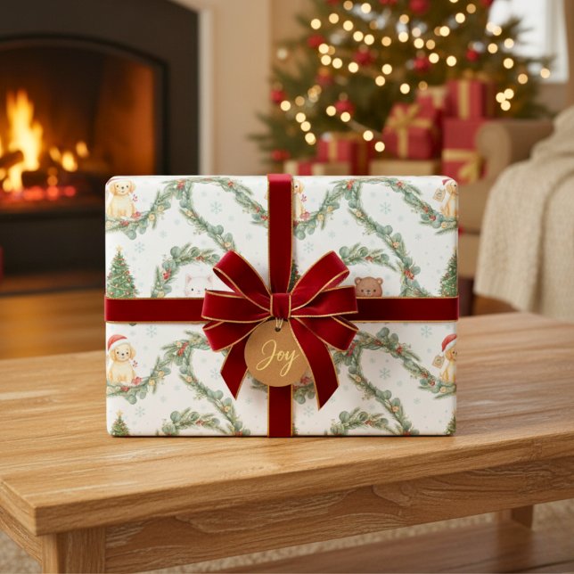 Papel De Regalo Animales Navideños del Bosque Caprichoso  (Whimsical Woodland Christmas Animals Wrapping Paper)