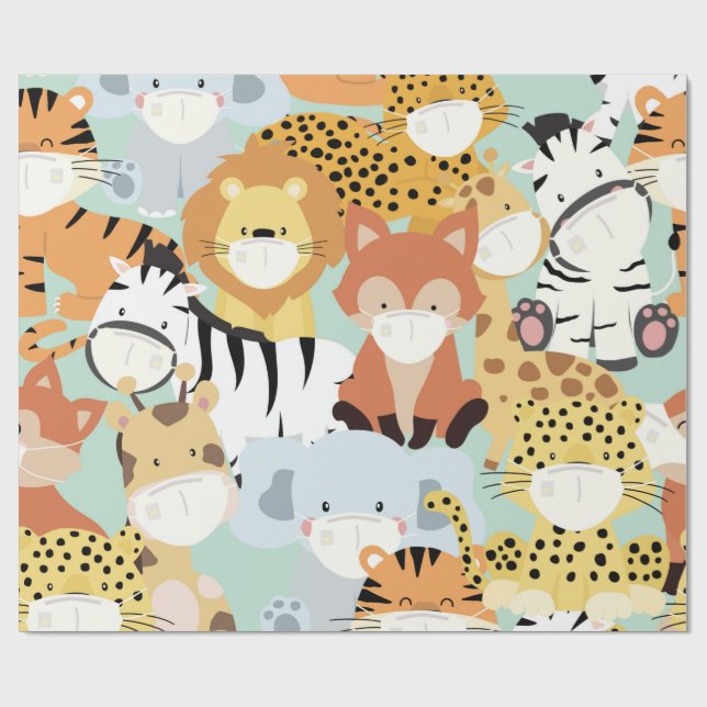 PAPEL DE REGALO ANIMALES SALVAJES CUIDADOS CON MÁSCARAS ENVASES DE (Superficie plana)
