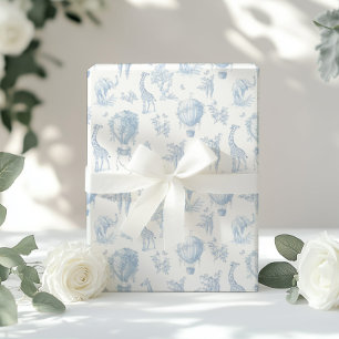 Papel De Regalo Animales toile Safari Azul Globos de aire caliente