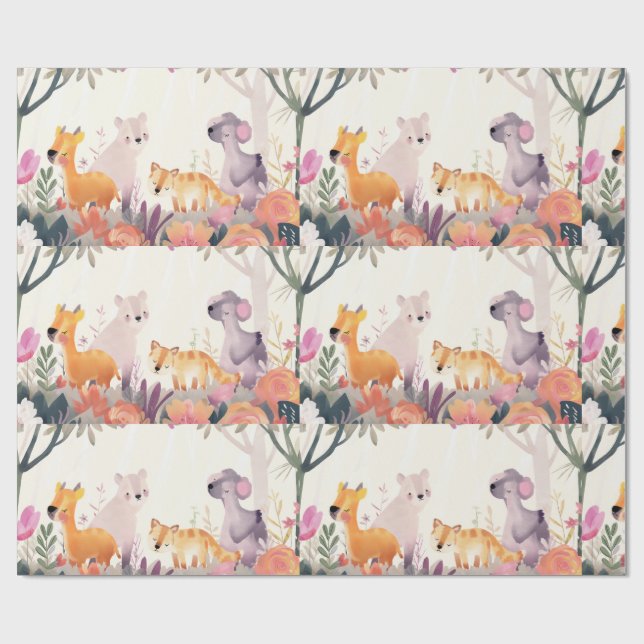 Papel De Regalo Animales tranquilos entre flores y árboles (Superficie plana)