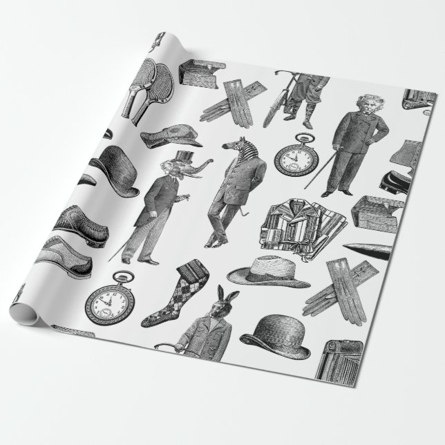 Papel De Regalo animales victorianos antiguos hombres de tela blan (Desenrollado)