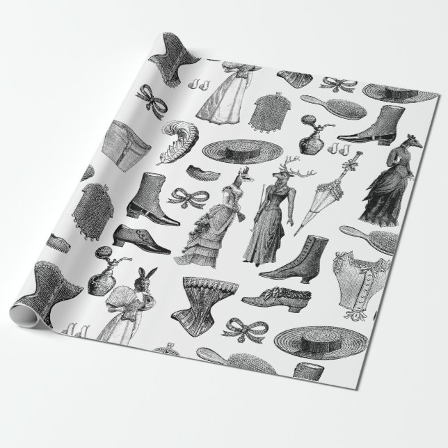 Papel De Regalo animales victorianos antiguos mujeres de tela blan (Desenrollado)
