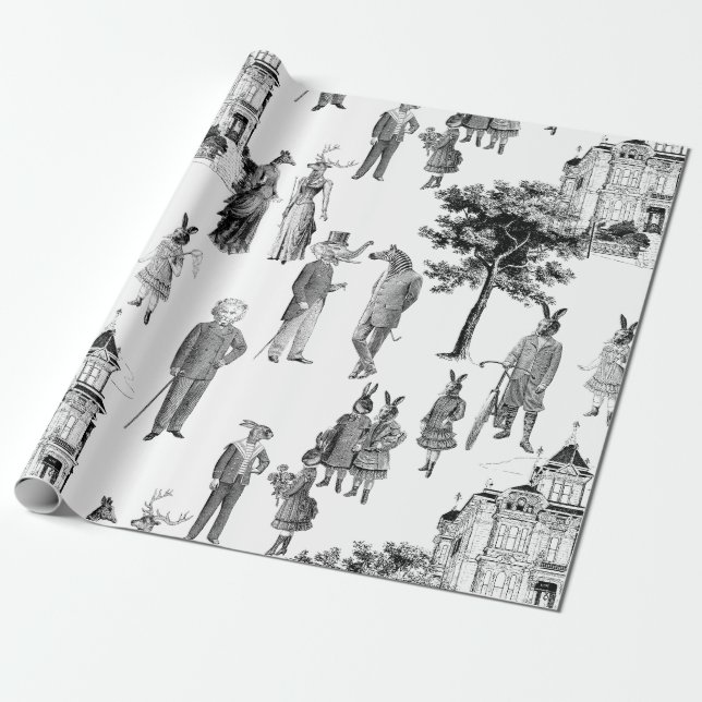 Papel De Regalo animales victorianos antiguos toile antropomórfico (Desenrollado)