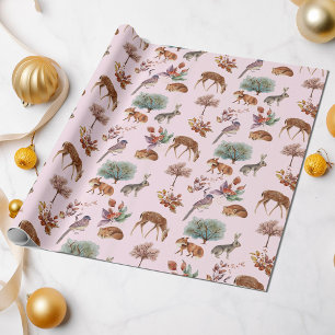 Papel De Regalo Animales y aves de Woodland iluminan el fondo rosa