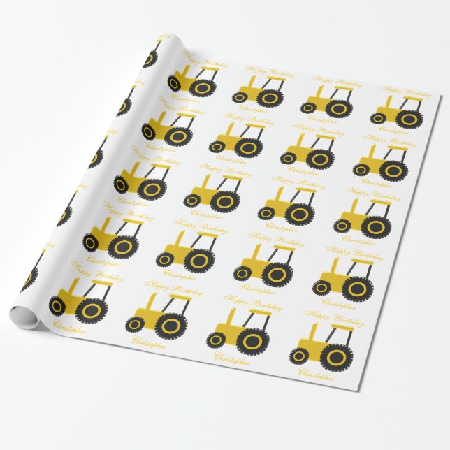 Papel De Regalo Aniversario de cumpleaños de Tractor amarillo pres (Desenrollado)