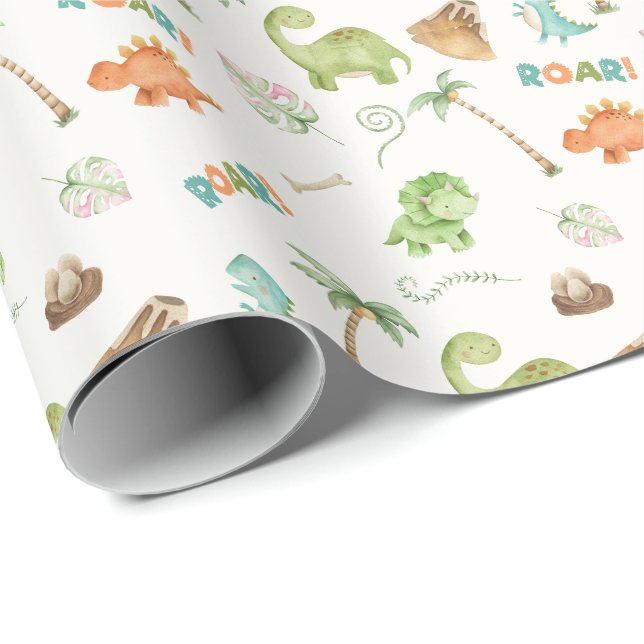 Papel De Regalo Aniversario de la acuarela de los dinosaurios (Esquina del rollo)