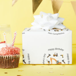 Papel De Regalo Aniversario del niño de la Construcción Blanca Bil