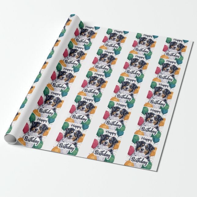 Papel De Regalo Aniversario del Pastor Australiano con Globos (Desenrollado)