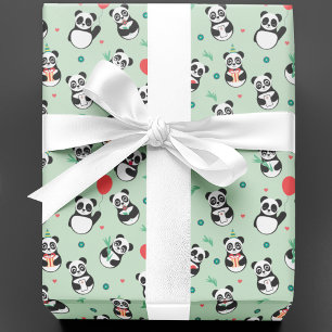 Papel De Regalo Aniversario del patrón del panda cutáneo   Verde