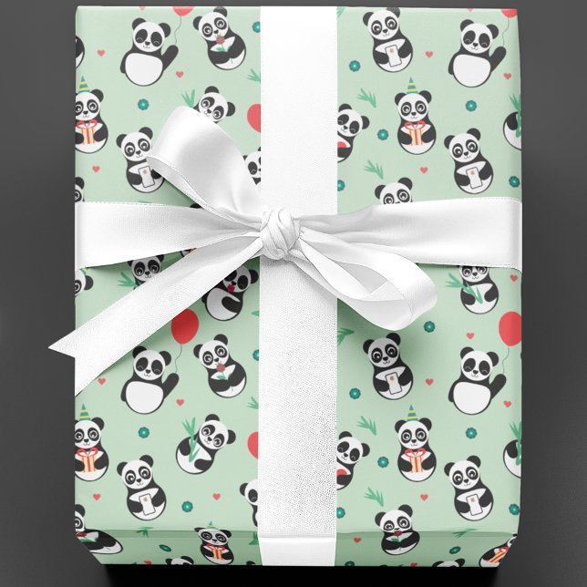 Papel De Regalo Aniversario del patrón del panda cutáneo | Verde (Subido por el creador)