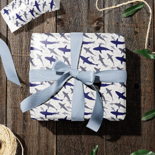 Papel De Regalo Aniversario del patrón del tiburón azul y blanco