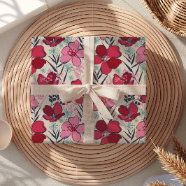 Papel De Regalo Aniversario moderno de la floración rosa y roja