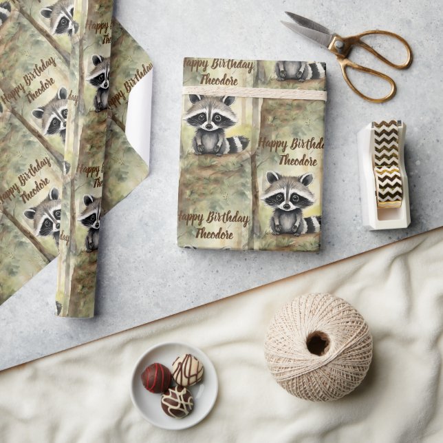 Papel De Regalo Aniversario personalizado de Raccoon del bebé (Artesanía)