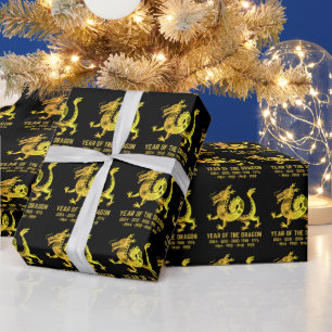 Papel De Regalo Año De Gradiente De Oro Del Dragón Zodiaco Negro
