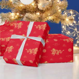 Papel De Regalo Año Nuevo Chino del Dragón Nubes Afortunadas Rojas