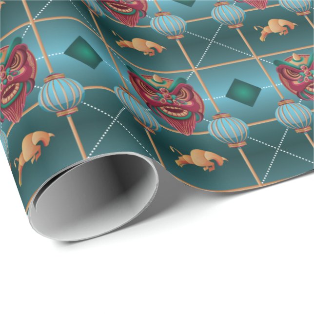 Papel De Regalo Año Nuevo Chino - Patrón de chequeo verde (Esquina del rollo)