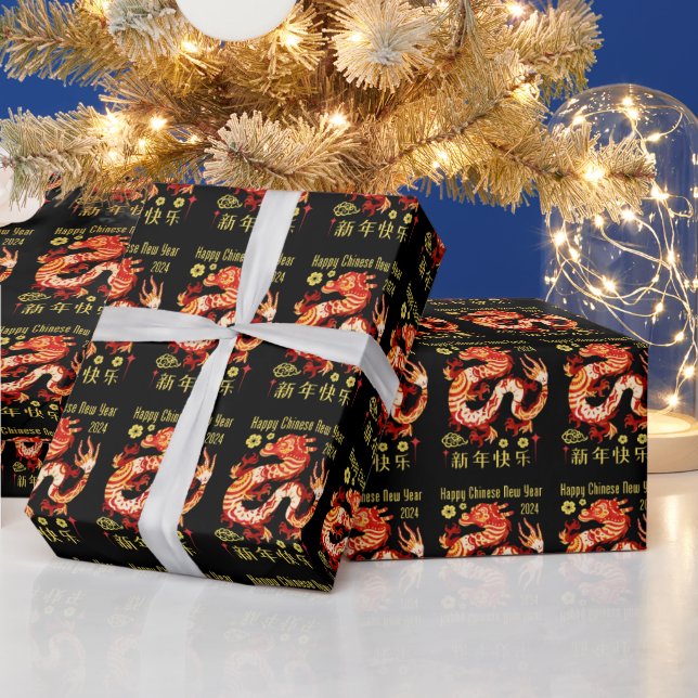 Papel De Regalo Año Zodiaco Chino Del Dragón Negro 2024 (Vacaciones)