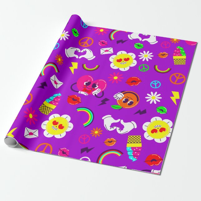 Papel De Regalo Años 1960 valentines peace sign groovy rainbow (Desenrollado)