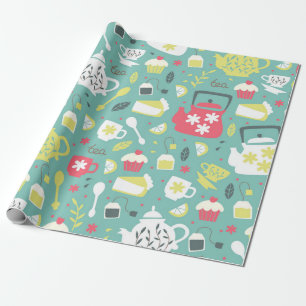 Papel De Regalo Antecedentes con teteras, tazas, limón, flores a