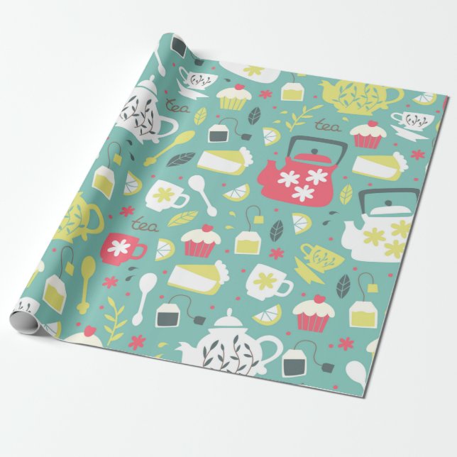 Papel De Regalo Antecedentes con teteras, tazas, limón, flores a (Desenrollado)