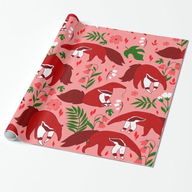 Papel De Regalo antepasados rojos lindo animal floral (Desenrollado)
