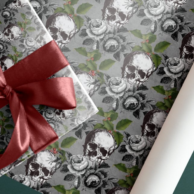 PAPEL DE REGALO ANTIGUA HABILITA ROSAS GRIS NEGRO (SKULL DEATH BLACK ROSES FLOWERS CHRISTMAS HOLLY LEAVES GOTHIC)