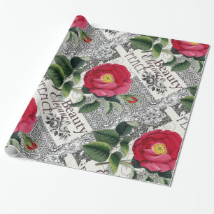 Papel De Regalo Antigüedad floral de la Bonito de Damasco Rosa